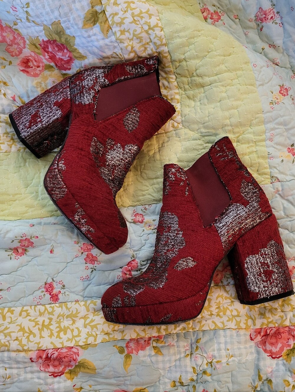 Rose A Pois Red And Silver Tapestry Heel Boots Booties Made In Italy Size 5